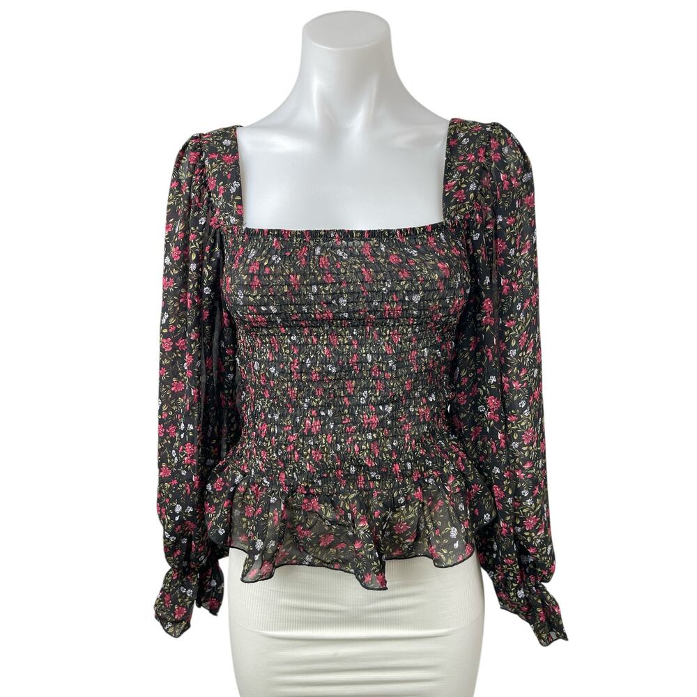 Code X Mode Women's Black Floral Smocked Square Neck Long Sleeve Blouse Top S